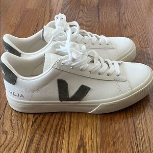 Veja Campo White Leather Sneakers with Gray/green V Accent